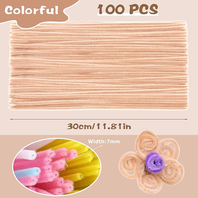 100 Pieces Pipe Cleaners Chenille Stem, Beige Color Pipe Cleaners Set for Pipe Cleaners DIY Arts Crafts Decorations, Chenille Stems Pipe Cleaners (7 mm x 12 Inch)