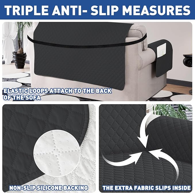 XINEAGE Quilted Chair Sofa Cover Waterproof Chair Covers for Armchair, Super Soft Washable Slipcover with Pockets & Non-Slip Elastic Straps, Thick Furniture Protector (Chair, Black)