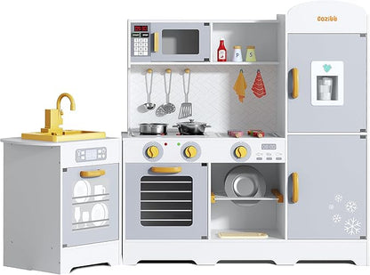 Play Kitchen for Kids, Wooden Play Kitchen with Toy Storage System, 21pcs Accessories Included, Oven Faucet, Microwave, Ice Maker, BBQ, with Lights & Sounds Kitchen Playset Gift for Ages 3+