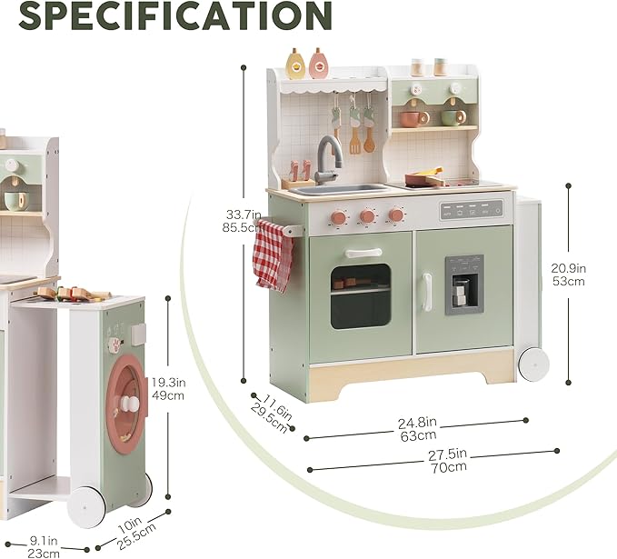 ROBUD Wooden Play Kitchen Set for Kids Toddlers, Pretend Kitchen Playset with BBQ Grill, Ice Maker, Coffee Machine, and Accessories, Toy Kitchen Gift with Lights & Sounds for Girls & Boys, Age 3+