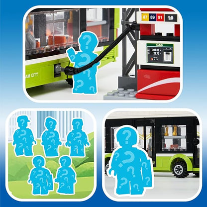 City Bus Station Building Toy Set,Includes a Bus, 6 Minifigures and a Gas Station, Bus Toy for Kids Ages 6+ Years Old,Great Gift Idea for Boys and Girls,Compatible with City Sets(415 Pcs)