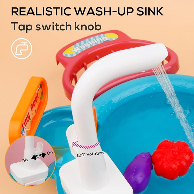 Ruibytree Play Kitchen Sink Toy, Water Toys for Kids with Electronic Dishwasher, Pretend Play Utensils Accessories and Play Cutting Food for Boys and Girls (Cute Duck)