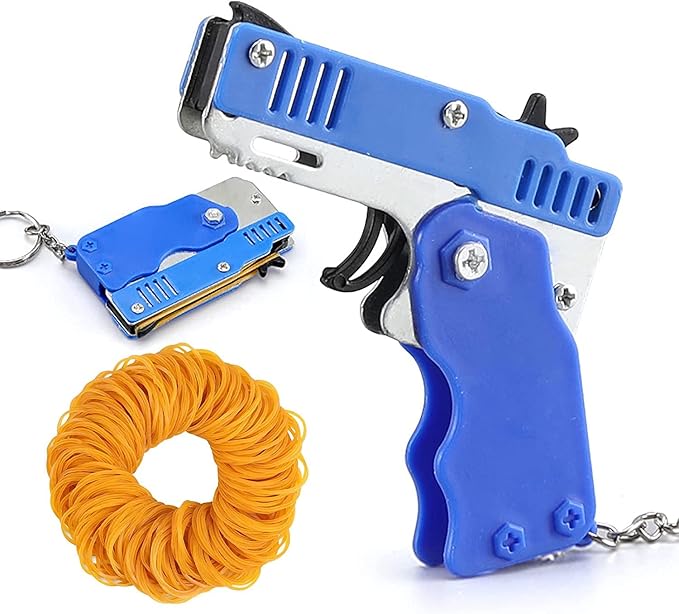 Kids Toys Cool Keychain Rubber Band Mini Metal Folding Rubber Launcher Toy with 60 Elastic Rubber Bands for Game Outdoor Activities (Blue)
