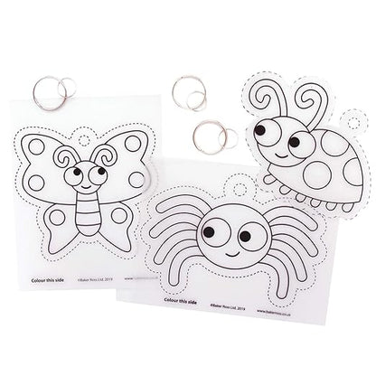 Baker Ross AT609 Bug Super Shrink Keyring Kits - Pack of 8, Make Your Own Key Rings for Kids to Color In, Make and Display, White