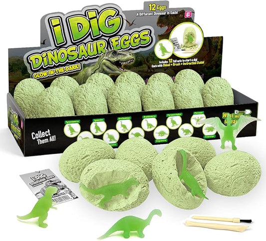 XXTOYS Luminous Dinosaur Eggs Dig Kit Glow-in-The-Dark Dinosaur Eggs 12 Dinosaur Excavation Kits with 12 Unique Dinosaur Toys Dinosaur Dig for Kids Archaeology Educational Science Gift