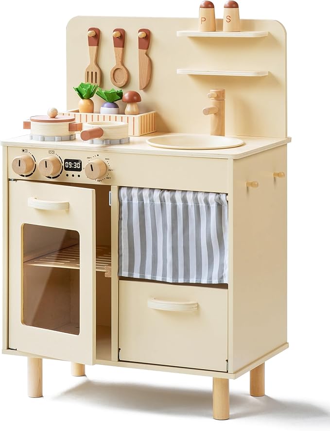 Play Kitchen for Kids, Classic Wooden Kitchen Playset with Food Accessories Set Ideal for Creative Pretend Play, Suitable for Toddlers, Girls & Boys Ages 3+