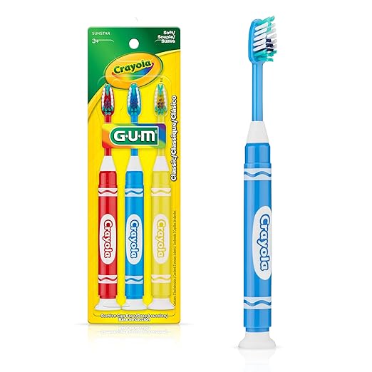 GUM Crayola Marker Children’s Toothbrush, Soft Bristled Kids’ Toothbrush Set Age 3+, Suction Cup Base, 3 Count