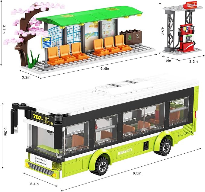 City Bus Station Building Toy Set,Includes a Bus, 6 Minifigures and a Gas Station, Bus Toy for Kids Ages 6+ Years Old,Great Gift Idea for Boys and Girls,Compatible with City Sets(415 Pcs)