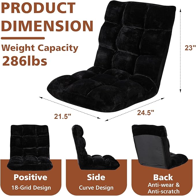 Folding Floor Chair 14-Position Cushioned Adjustable Floor Lazy Sofa Chair w/Breathable Cotton & Skin-Friendly Flannel for Adults & Kids Ideal for Reading Meditating, Black