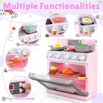 PLAY Toy Oven Kids Kitchen Playset, Kids Play Kitchen Set with 11 Accessories, Realistic Cooking Sounds ＆ Lights, Pretend Play Oven Toddler Cooking Gift Set for Girls Boys Ages 3+