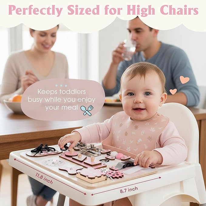 Montessori Busy Board for Baby & Toddlers 1-3 - Wooden Sensory Activity Board with 13 Activities, Real Metal Locks & Latches - Fine Motor Skills Educational Toy for 1 2 3 Year Old - Travel Friendly