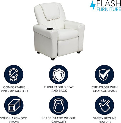 Flash Furniture Vana Vinyl Kids Recliner with Cup Holder, Headrest, and Safety Recline, Contemporary Reclining Chair for Kids, Supports up to 90 lbs., White