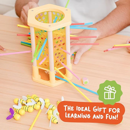 Nene Toys BeeFall, 4-in-1 Wooden Honey Bee Toy for Kids Ages 3-9 - Educational Game with Wooden Honeybee Hive, 12 Bees, Colorful Sticks, Dice & Cards - Fun Family Game for Cognitive Development