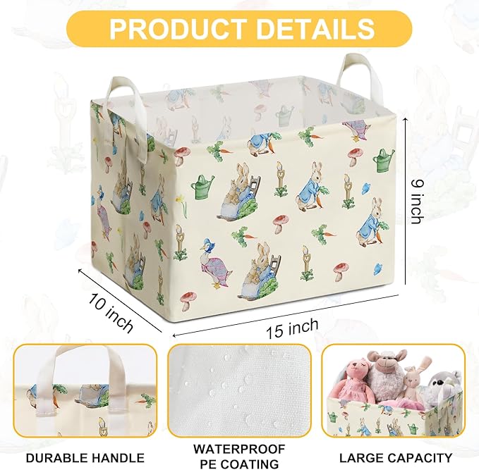 Rabbit Foldable Handle Storage Basket, Waterproof Organizer for Nursery, Bunny Square Toys Bin, Rectangular Book Box, Versatile Clothes Container, Gift Hamper for Girls and Boys Home Decor
