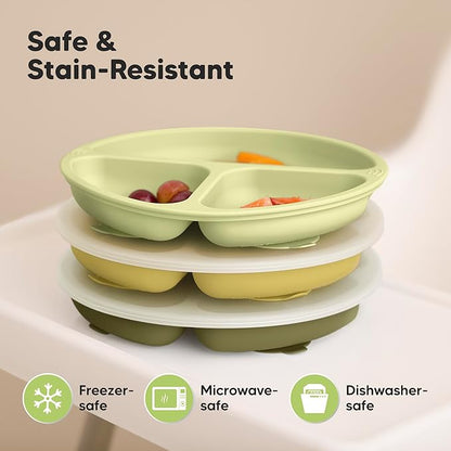 KeaBabies Suction Plates with Lids for Baby - 3-Pack 100% Silicone Suction Plates for Baby, Kids,Toddler Plates,Divided Baby Plates with Suction,Lids, BPA-Free, Microwave, Dishwasher Safe (Olives)