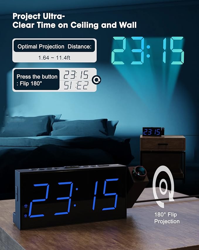 OnLyee Projection Alarm Clock for Bedroom, LED Digital on Ceiling Wall with USB Phone Charging, Battery Backup, 180° Rotatable Projector & Dimmer, 12/24H, DST, Snooze, Dual Loud Bedside Heavy Sleeper