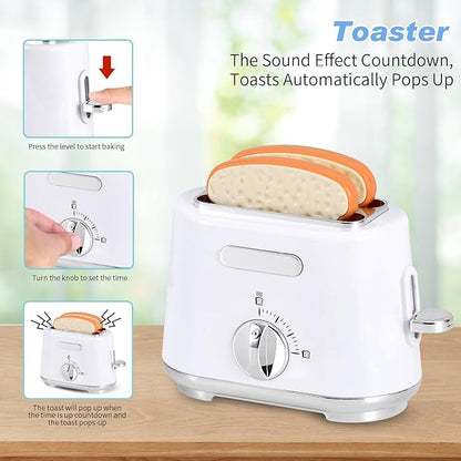 Pretend Play Kitchen Appliances Toy Set, Play Kitchen Accessories for Kids 3-8 with Coffee Maker, Toaster, Mixer with Light and Sound, Birthday Gift for Kids Ages 3 4 5 6 7 8，White