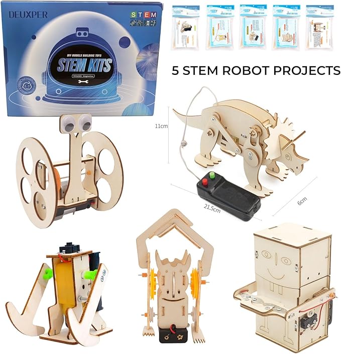 DEUXPER 5 Sets of Robot STEM Toys for Kids, Wood Craft Kit for Boys Age 8-12, DIY Science Building Projects for 6-8, 3D Puzzles Assembly Models, Gift for Children Age 6 7 8 9 10 11 12 14