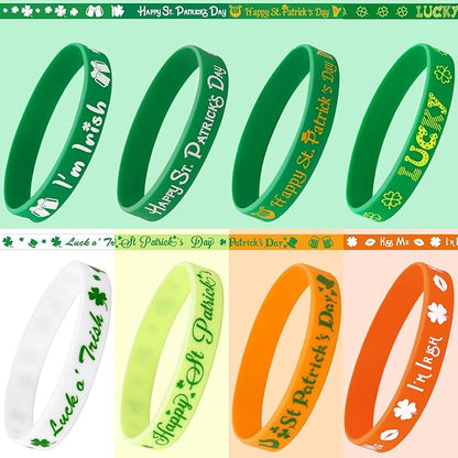 JUNEBRUSHS 24pcs St. Patrick's Day Party Favors Silicone Bracelets Green Clover Shamrock Rubber Wristbands Adults St. Patrick's Day Party Ireland Spring Holiday Decorations Gift (8 Designs)
