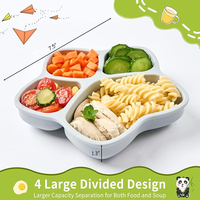 4 Pack Suction Plates for Baby & Toddler, 100% Food-Grade Silicone, 4 Large Divided Design, Microwave & Dishwasher Safe