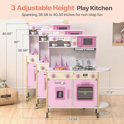 BIERUM Play Kitchen, Wooden Kids Kitchen Playset for Toddlers with Real Lights & Sounds, Height Adjustable Toys Kitchen with 30 Pcs Toy Food & Cookware Accessories (Pink)