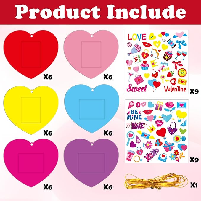 Qyeahkj 36 Sets Valentine 's Day Craft for Kids DIY Valentines Day Heart Picture Frame Craft Kit Valentine Photo Frame Craft and Arts Kit for Home Class Kindergarten Party Art Activity