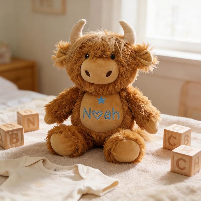 Personalized Highland Cow Stuffed Animal - Custom Name & Date Embroidered Plush Toy - Soft Farm Cow Nursery Decor, Baby Shower & Birthday Keepsake Gift for Boys Girls (10/13/16 Inch)