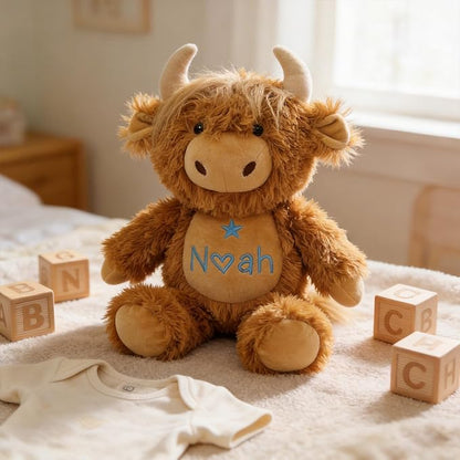 Personalized Highland Cow Stuffed Animal - Custom Name & Date Embroidered Plush Toy - Soft Farm Cow Nursery Decor, Baby Shower & Birthday Keepsake Gift for Boys Girls (10/13/16 Inch)