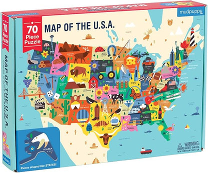 Mudpuppy Map Of The USA – 70 Piece Geography Puzzle with State-Shaped Pieces and Iconic Landscapes Cultural Items And More
