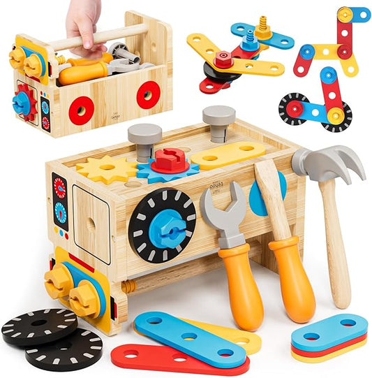 Montessori Kids Tool Set, Wooden Toddler Tool Bench Educational Toys for Ages 2-4, 2 Year Old Boy Gift for Birthday Christmas, STEM Pretend Play Tool Box, Learning Developmental Construction Toys