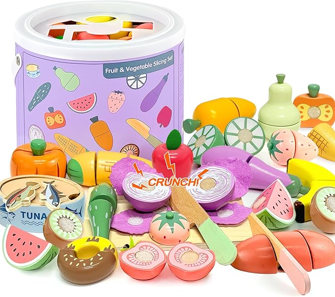 WHOHOLL 42 Pcs Play Food Set for Play Kitchen Accessories, Wooden Toys Pretend Cutting Food, Montessori Fruit and Veggies Christmas Birthday Gifts for Toddlers 3+ Years Old Girls Boys