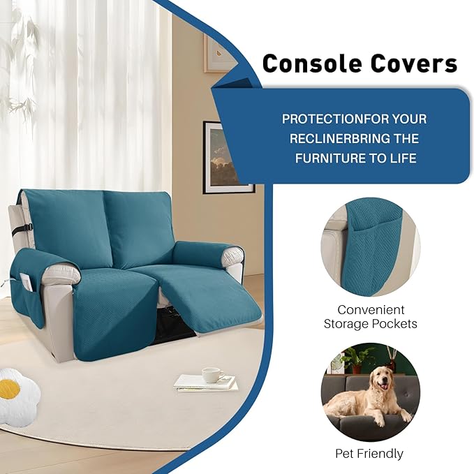 Easehomey Water Resistant Loveseat Recliner Cover Non Slip Sofa Cover for Reclining Sofa 2 Seat, Recliner Couch Cover Furniture Protector for Kids Pets with Elastic Band Pocket(Peacock Blue, 2 Seater)