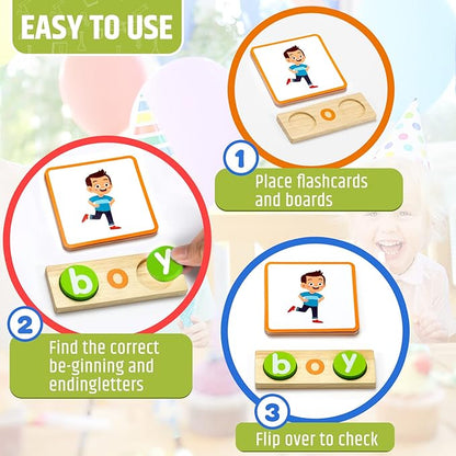 Preschool Kindergarten Learning Activities,ABC Learning for Toddlers,Wooden CVC Word Spelling Games with Flash Cards,Montessori Educational Toys Gifts for 3-7 Years Old Kids,Phonics Books for Readers