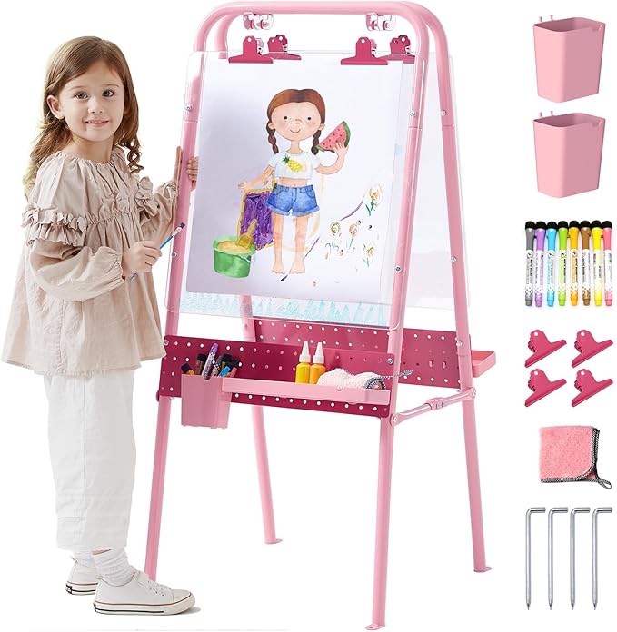 FUNLIO Foldable Outdoor Easel for Kids Aged 3+, Waterproof & Sunproof Kids Easel with 2 Acrylic Boards, Double-Sided Kids Easel with 21 pcs Accessories, Portable & Stable - Pink