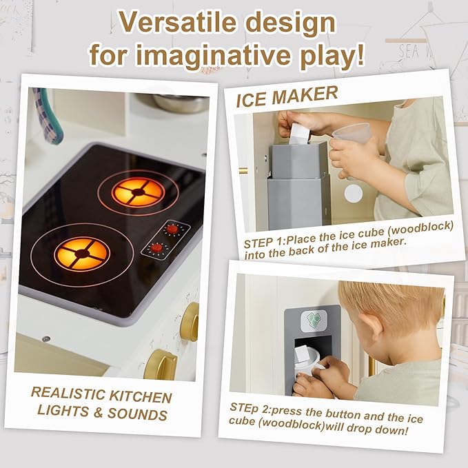 Play Kitchen for Kids Chef Pretend Wooden Kitchen Playset with Real Lights & Sounds and 14 Pcs Toddler Kitchen Accessories, Toy Kitchen Set for Boys and Girls Ages 3+