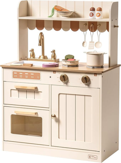 ROBUD Wooden Play Kitchen Set for Kids, Pretend Play Kitchen Toy Set with Golden Faucet, Sink, Oven, Stove, Cabinet, Vintage Style, Gift for Boys & Girls, Ages 3+