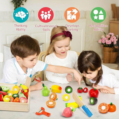 Wooden Play Food Set for Toddlers Toys Pretend Play Kitchen Accessories Fruit Cutting Set for Kids Gift for Boys Girls Montessori Educational Toys