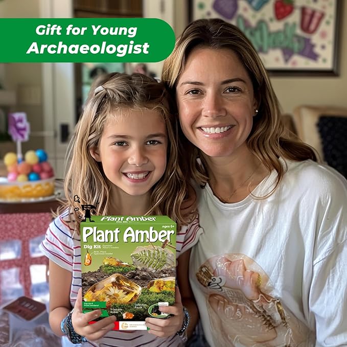 EDUMAN Amber Dig Kit - 6 Artificial Plant Resin Specimens, Biology Fossil Excavation Set with Natural Amber, STEM Inspired Educational Toy for Kids Ages 6-12, for Boys & Girls