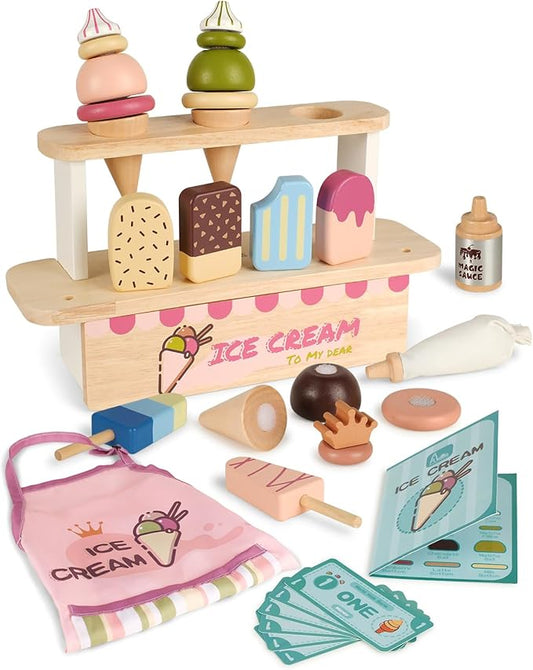 Ice Cream Toys for Toddlers 3-5, Wooden Ice Cream Stand for Kids, Popsicle Toys Ice Cream Set, Kids Ice Cream Shop Playset, Ice Cream Truck Toy Gift for Girl Boy 3 4 5 Years, Wooden Play Food Set