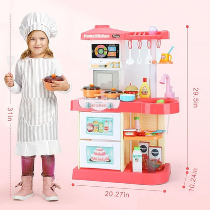 Kids Kitchen Playset, Toy Kitchen Set with Light, Music, Sink and Play Food Kitchen Accessories, Pretend Play Kitchen for Toddler 3-5