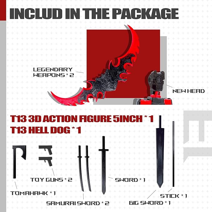 (Assembly Completed) T13 3D Action Figure Set,Dummy Robo Titan 13 Action Figures,3D Printed Multi-Jointed Toy (Black Red + Dog)