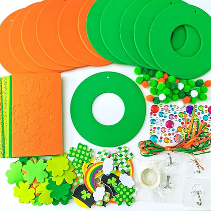 12 Sets St. Patrick's Day Shamrock Wreath Sign Decorations Foam St. Patrick's Day Craft Kits Lucky Shamrock Four-Leaf Clover Rainbow Foam Stickers for Kids Party Favors Classroom Activity Art Project