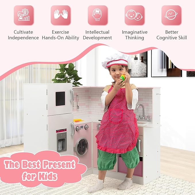 HONEY JOY Pink Corner Kids Kitchen Playset, Wooden Play Kitchen for Toddlers, Washing Machine, Range Hood, Water Dispenser, Cookware, Apron, Little Chef Pretend Toy Kitchen Set w/Lights & Sounds