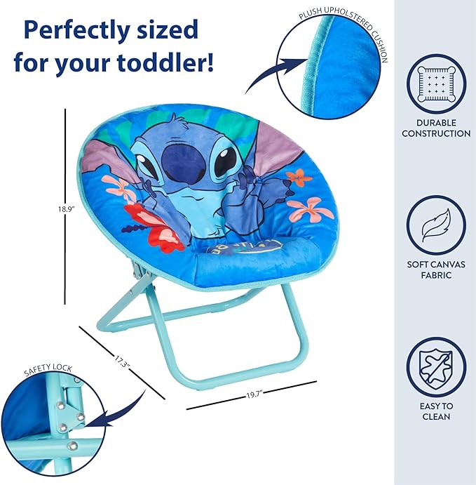 Idea Nuova Disney Stitch 19” Frame Folding Toddler Saucer™ Chair with Cushion, Ages 3+