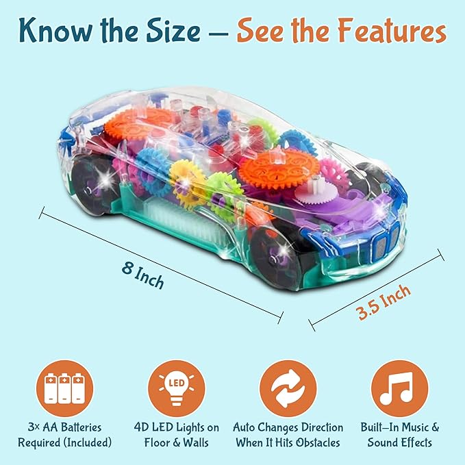 Transparent Sensory Gear Toy Car for Kids, Bump & Go Toy Car with Colorful Moving Gears, Music & LED Lights, Interactive Light Up Toys for Toddlers, Boys & Girls, Great Birthday Gift