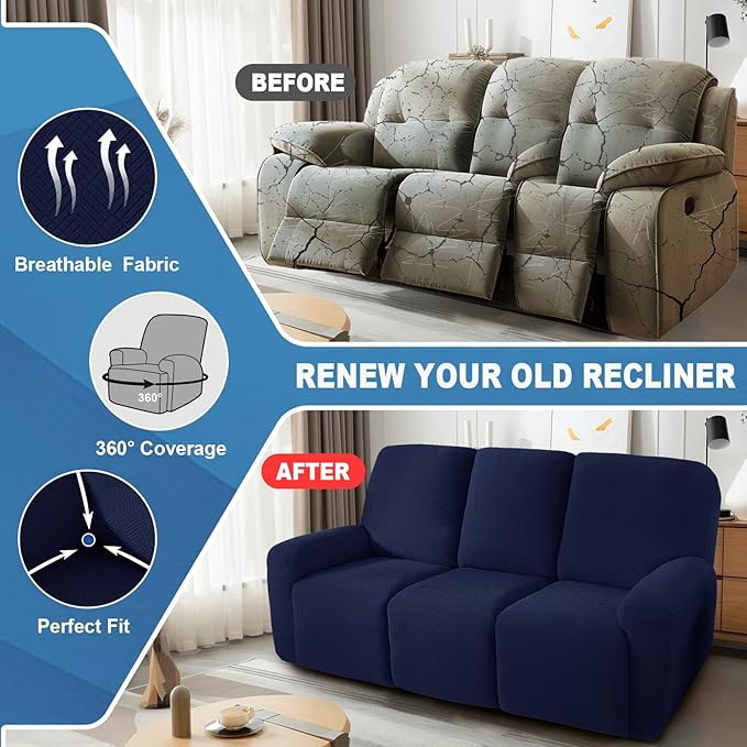 JIVINER 5 Pieces Recliner Sofa Covers Stretch Recliner Sofa Slipcover with Elastic Bottom Jacquard Fitted Reclining 3 Cushion Couch Cover Furniture Protector with Pockets (3 Seater, Navy Blue)