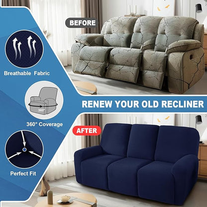 JIVINER 5 Pieces Recliner Sofa Covers Stretch Recliner Sofa Slipcover with Elastic Bottom Jacquard Fitted Reclining 3 Cushion Couch Cover Furniture Protector with Pockets (3 Seater, Navy Blue)
