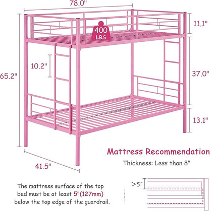 VECELO Twin Over Twin Bunk Bed with Built-in Ladder and Safety Guardrail, Heavy Duty Metal Bunkbeds, Space Saving, No Box Spring, Pink
