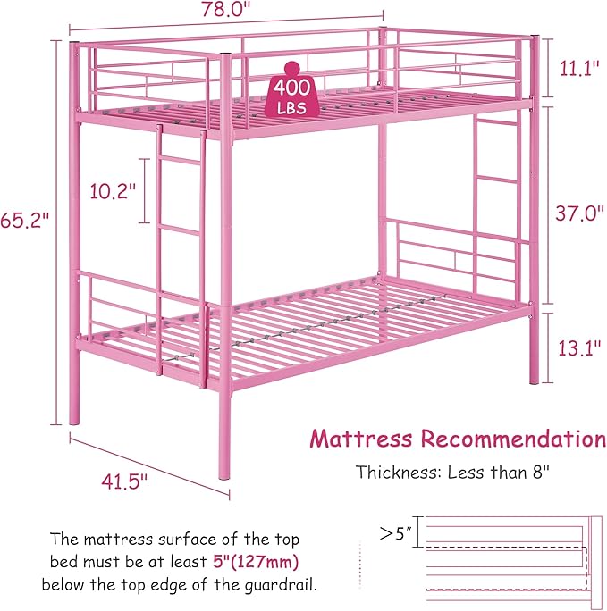 VECELO Twin Over Twin Bunk Bed with Built-in Ladder and Safety Guardrail, Heavy Duty Metal Bunkbeds, Space Saving, No Box Spring, Pink