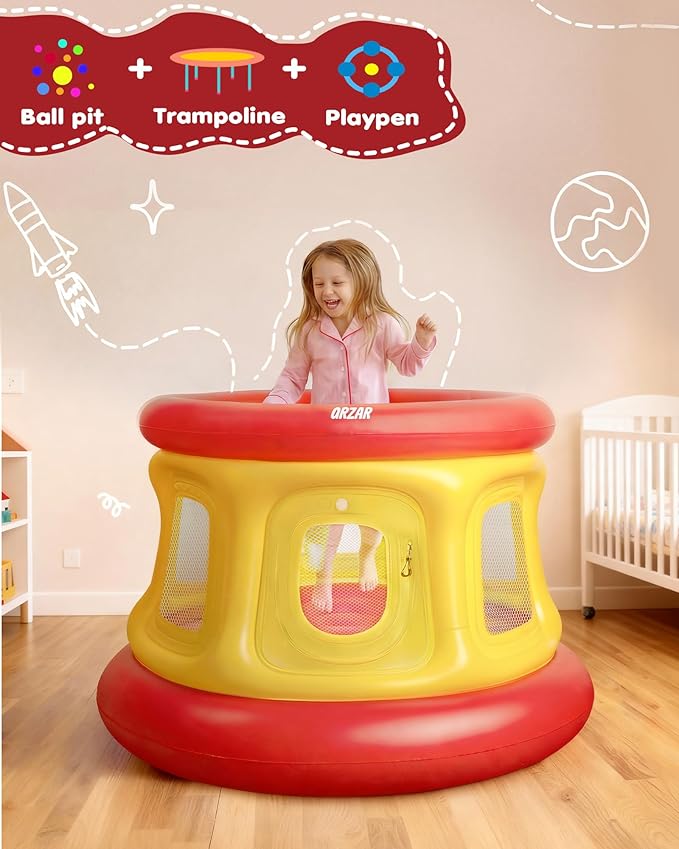 All-in-1 Inflatable Bounce House Trampoline for Toddlers 1-3, with Manual Air Pump, Thick Textured Non-Slip PVC, Safety Net, Kids Indoor and Outdoor Play(51'', Balls not Included)